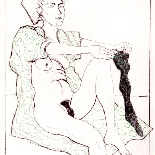 Domestic Intimacy, Black Stocking, Green Circle Robe
