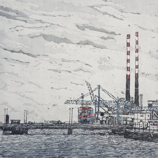 Poolbeg Chimneys- from the Liffey' MEDIUM; Etching & Aquatint EDITION NUMBER: 1/ 50 PAPER SIZE & PLATE SIZE: Paper: 34 x 34cm; Plate: 18 x 18cm UNFRAMED GALLERY SELLING PRICE: €260 PRECISE COST OF THE FRAME TO YOU: €60
