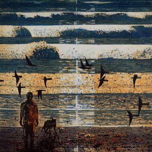 Artist-Observing-sunrise-, Etching Aquatint on Zerkall 350g, 33x33cm
